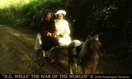 Visit HTTP://WWW.THEWAROFTHEWORLDSMOVIE.NET to get the first authentic WAR OF THE WORLDS movie on DVD. -He saw few fugitives until, in a grass lane towards High Barnet, he happened upon two ladies (Darlene Renee Sellers and Jamie Lynn Sease) who became his fellow travellers. He came upon them just in time to save them.  He heard their screams, and, hurrying round the corner, saw a couple of men struggling to drag them out of the little pony-chaise in which they had been driving, while a third with difficulty held the frightened pony’s head. One of the ladies, a short woman dressed in white, was simply screaming; the other, a dark, slender figure, (Jamie Lynn Sease), slashed at the man who gripped her arm with a whip she held in her disengaged hand.  My brother immediately grasped the situation, shouted, and hurried towards the struggle. -Book One, Chapter 16: WAR OF THE WORLDSDarlene Renee Sellers in white as Mrs. Elphinstone and Jamie Lynn Sease as Miss Elphinstone in WAR OF THE WORLDS.by Pendragon Pictures. www.pendragonpictures.com .