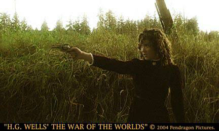 Visit HTTP://WWW.THEWAROFTHEWORLDSMOVIE.NET to purchase the first authentic movie adaptation of WAR OF THE WORLDS now available on DVD.-  Suddenly he stumbled and fell; his immediate pursuer went headlong, and he rose to his feet to find himself with a couple of antagonists again. He would have had little chance against them had not the slender lady (Jamie Lynn Sease) very pluckily pulled up and returned to his help. It seems she had had a revolver all this time, but it had been under the seat when she and her companion were attacked. She fired at six yards’ distance, narrowly missing my brother. The less courageous of the robbers made off, and his companion followed him, cursing his cowardice. They both stopped in sight down the lane, where the third man lay insensible.- Book One, Chapter 16: THE WAR OF THE WORLDS.